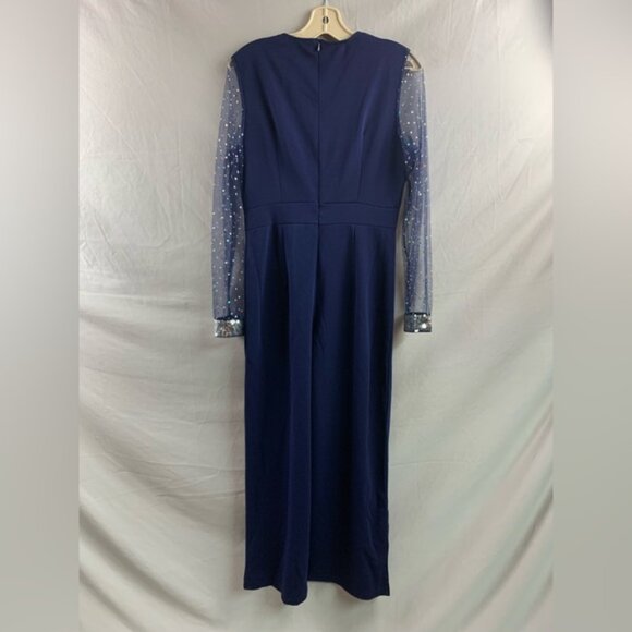 Navy Blue Mesh Sleeve Sequin Wide Leg Jumpsuit - Picture 8 of 8